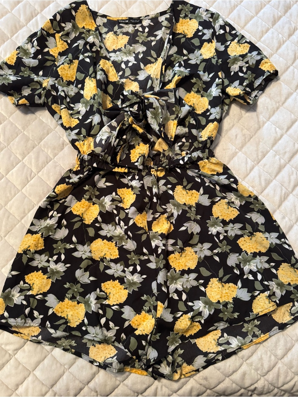 Black Floral Yellow Hydrangea Print Romper